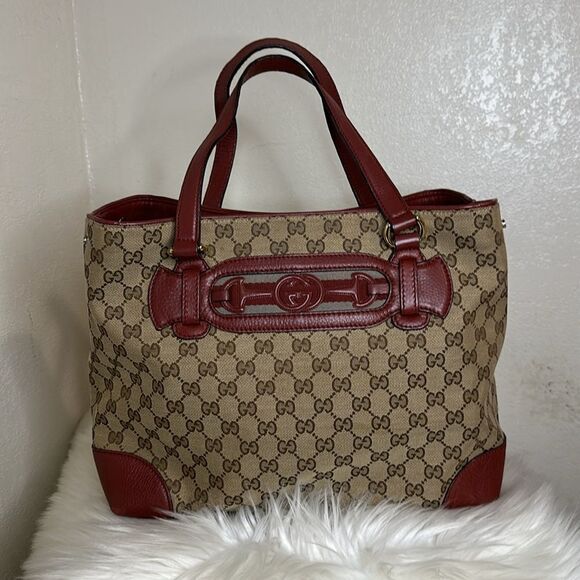 💯 Authentic Gucci Beige/Red GG Canvas and Leather Medium Supreme Tote🍀 - Picture 10 of 15